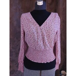Daisy & Delilah‎ BOHO Pink Cropped V Neck Snap Smocked Elastic Blouse Size L